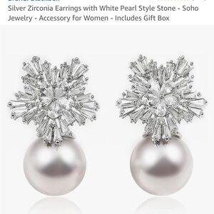 Silver Zirconia Wedding Bridal Earrings with White Pearl